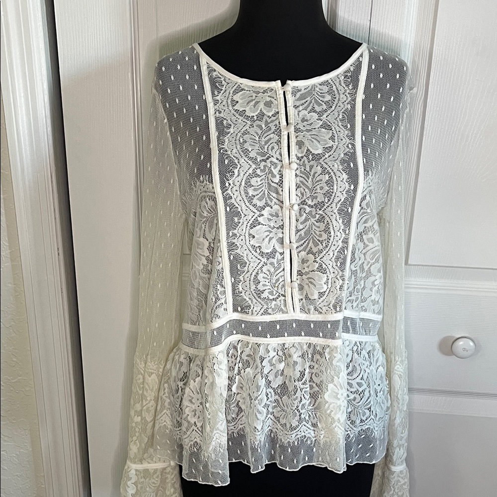Free People Penelope Swiss Dot Peplum Off White Sheer Mesh Lace Top Boho Large